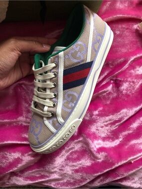Gucci Beige GG Canvas Sneaker with Red & Blue Web and Green Trim